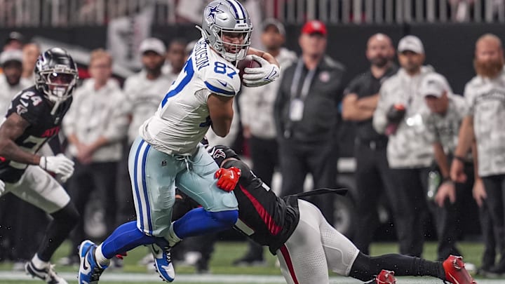 Dallas Cowboys tight end Jake Ferguson runs after a catch against the Atlanta Falcons.