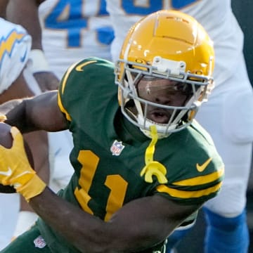 Green Bay Packers receiver Jayden Reed catches a pass against the Los Angeles Chargers on Nov. 19, 2023 at Lambeau Field in Green Bay, 
