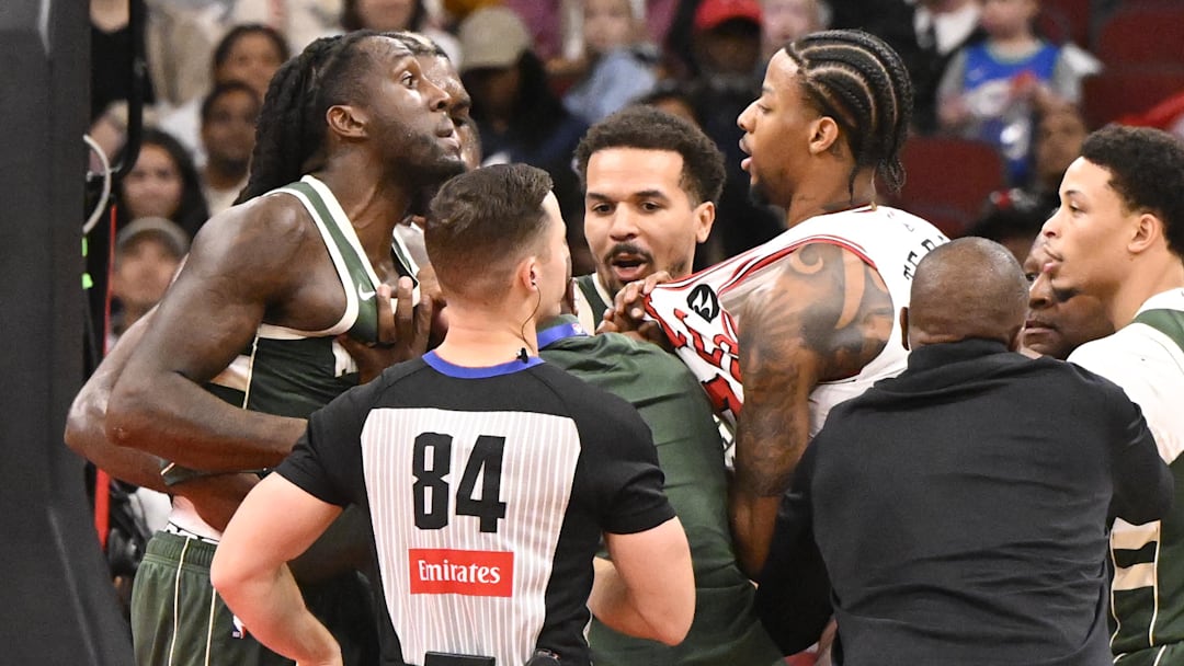 Oct 12, 2025; Chicago, Illinois, USA; Milwaukee Bucks forward Taurean Prince (12), left, and Chicago Bulls forward Dalen Terry (7), right, fight during the second half at the United Center. Mandatory Credit: Matt Marton-Imagn Images Oct 12, 2025; Chicago, Illinois, USA; Milwaukee Bucks forward Taurean Prince (12), left, and Chicago Bulls forward Dalen Terry (7), right, fight during the second half at the United Center. Mandatory Credit: Matt Marton-Imagn Images
