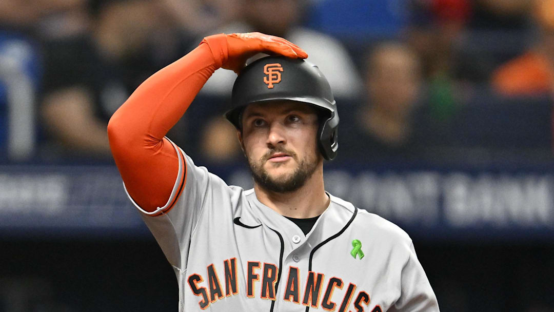 May 1, 2026; St. Petersburg, Florida, USA; San Francisco Giants catcher Patrick Bailey (14) reacts to a strike during the third inning against Tampa Bay Rays at Tropicana Field. Mandatory Credit: Pablo Robles-Imagn Images