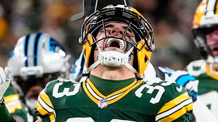 Oct 29, 2026; Green Bay, Wisconsin, USA;  Green Bay Packers safety Evan Williams (33) reacts against the Carolina Panthers during their football game at Lambeau Field.  Mandatory Credit: Wm. Glasheen USA Today Network via IMAGN Images