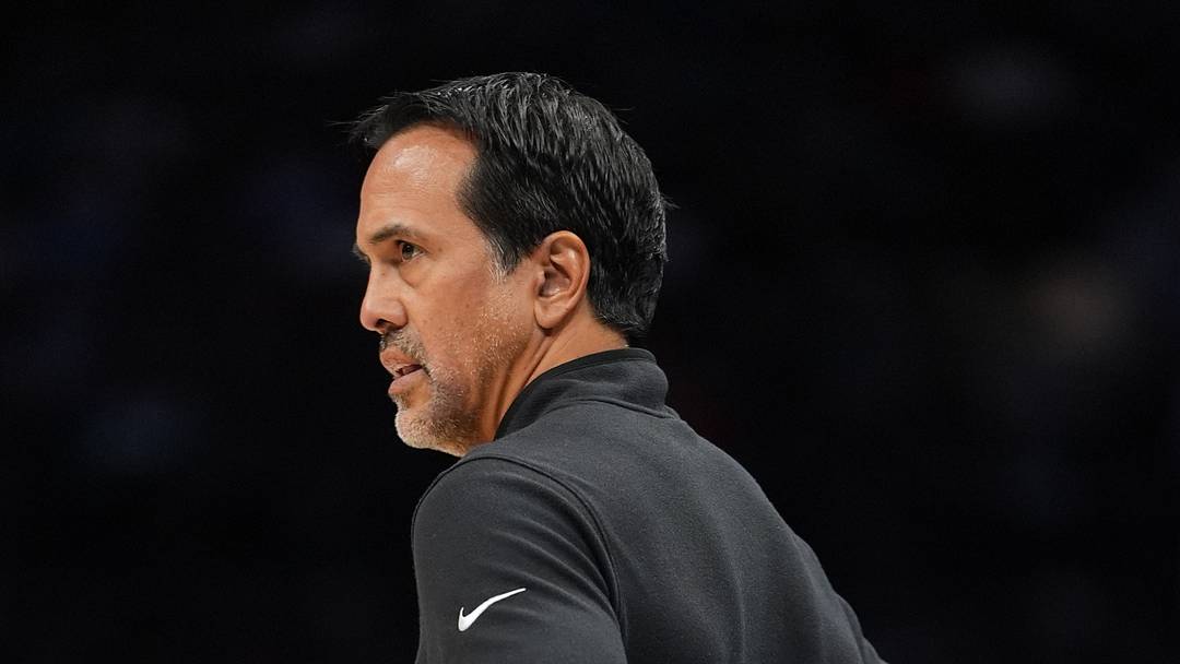 Apr 14, 2026; Charlotte, North Carolina, USA; Miami Heat Head Coach Erik Spoelstra during the first quarter during the play-in rounds between the Charlotte Hornets and the Miami Heat of the 2026 NBA Playoffs at Spectrum Center. Mandatory Credit: Jim Dedmon-Imagn Images