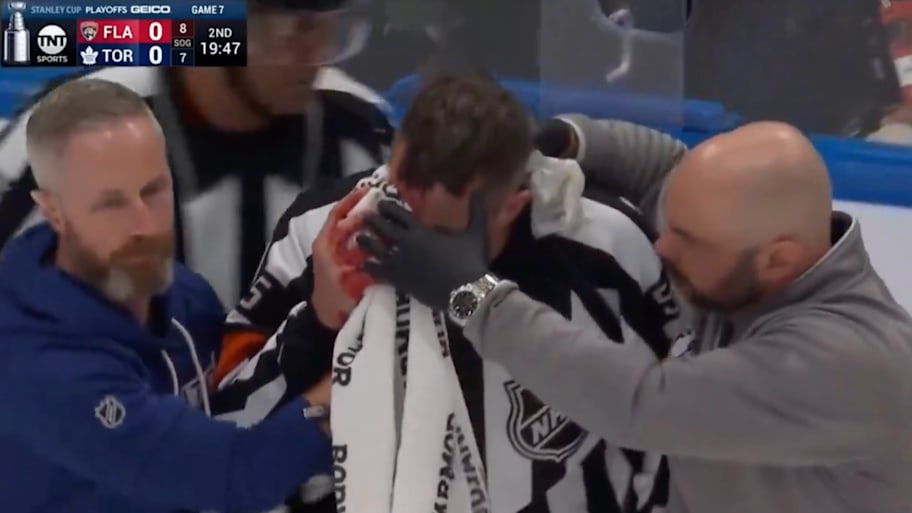 NHL referee Chris Rooney suffered a serious cut during Game 7 of the Panthers-Maple Leafs series.  | Photo by Claus Andersen / Getty Images