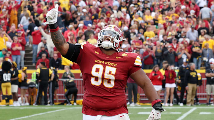 Sep 6, 2025; Ames, Iowa, USA; Iowa State Cyclones defensive lineman Domonique Orange (95) celebrates after a play against the Iowa Hawkeyes during the second half at Jack Trice Stadium. Mandatory Credit: Reese Strickland-Imagn Images