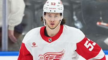 Apr 17, 2025; Toronto, Ontario, CAN; Detroit Red Wings defenseman Moritz Seider (53) skates during the warmup before a game against the Toronto Maple Leafs at Scotiabank Arena. Mandatory Credit: Nick Turchiaro-Imagn Images