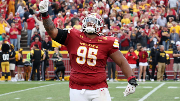 Sep 6, 2025; Ames, Iowa, USA; Iowa State Cyclones defensive lineman Domonique Orange (95) celebrates after a play against the Iowa Hawkeyes during the second half at Jack Trice Stadium. Mandatory Credit: Reese Strickland-Imagn Images