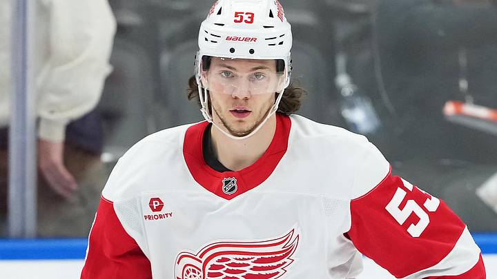 Apr 17, 2025; Toronto, Ontario, CAN; Detroit Red Wings defenseman Moritz Seider (53) skates during the warmup before a game against the Toronto Maple Leafs at Scotiabank Arena. Mandatory Credit: Nick Turchiaro-Imagn Images