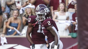 Sep 16, 2023; College Station, Texas, USA; Texas A&M Aggies running back Rueben Owens (2) celebrates with wide receiver Micah Tease (13) after scoring a touchdown during the third quarter against the Louisiana Monroe Warhawks at Kyle Field. Mandatory Credit: Troy Taormina-USA TODAY Sports