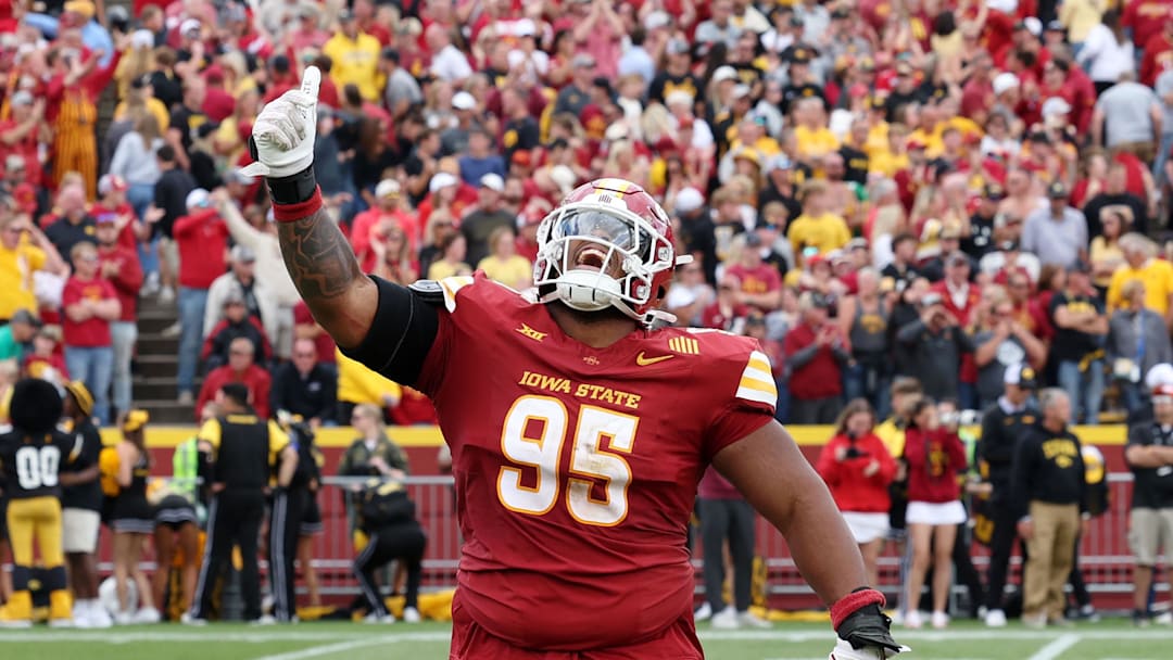 Domonique Orange celebrates after a play against the Iowa Hawkeyes during the second half at Jack Trice Stadium.