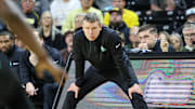 Jan 29, 2025; Wichita, Kansas, USA; North Texas Mean Green coach Ross Hodge watches game play during the first half against the Wichita State Shockers at Charles Koch Arena. Mandatory Credit: William Purnell-Imagn Images