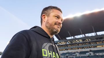 Oregon head coach Dan Lanning walks off after his win as the Oregon Ducks host the USC Trojans on Nov. 22, 2025, at Autzen Stadium in Eugene, Oregon.