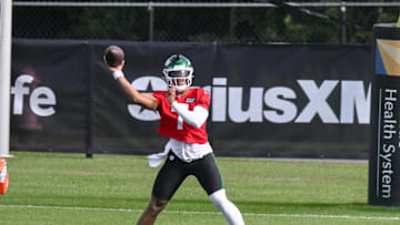 Jul 23, 2025; Florham Park, NY, USA; New York Jets quarterback Justin Fields (7) participates in a drill during training camp at Atlantic Health Jets Training Center. Mandatory Credit: John Jones-Imagn Images