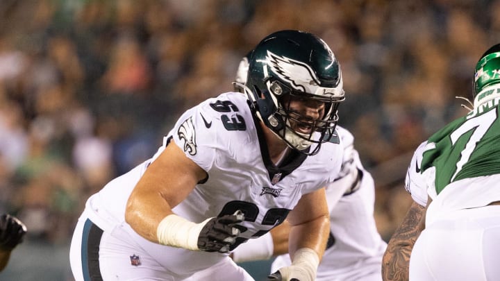 Aug 12, 2022; Philadelphia, Pennsylvania, USA; Philadelphia Eagles offensive tackle Jack Driscoll (63) in action against the New York Jets at Lincoln Financial Field. Bill Streicher-USA TODAY Sports