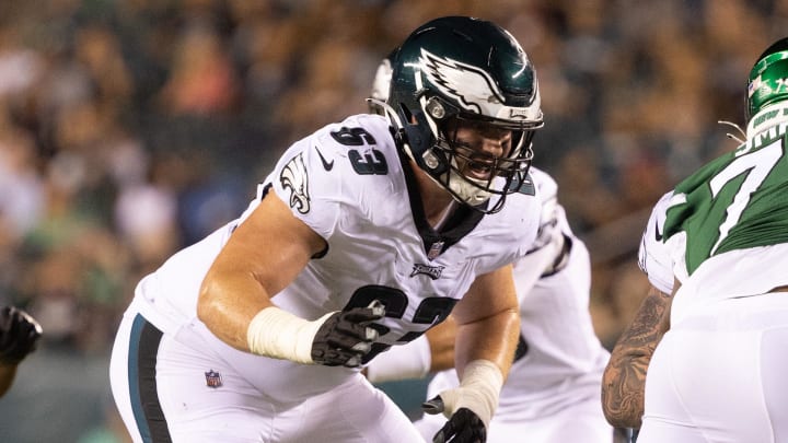 Philadelphia Eagles offensive tackle Jack Driscoll (63) in action against the New York Jets at Lincoln Financial Field in 2022.