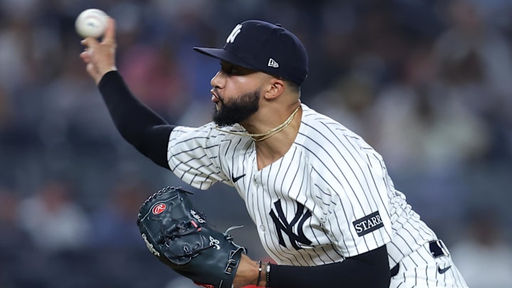 Jun 6, 2025; Bronx, New York, USA; New York Yankees relief pitcher Devin Williams (38) pitches against the Boston Red Sox during the ninth inning at Yankee Stadium. Mandatory Credit: Brad Penner-Imagn Images