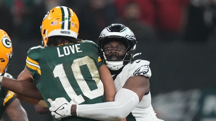 Packers QB Jordan Love is wrapped up by Josh Sweat on the seismic final play of the loss to the Eagles. Malik Willis is expected to start on Sunday against the Colts.