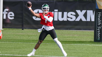 Jul 23, 2025; Florham Park, NY, USA; New York Jets quarterback Justin Fields (7) participates in a drill during training camp at Atlantic Health Jets Training Center. Mandatory Credit: John Jones-Imagn Images