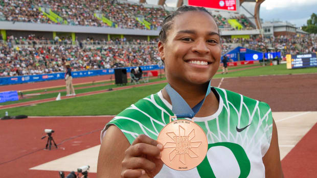 Oregon’s Jaida Ross shows off her bronze medal in the women’s shot put on day 9 of the U.S. Olympic Track and Field Trials.