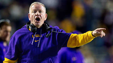Nov 23, 2024; Baton Rouge, Louisiana, USA;  LSU Tigers head coach Brian Kelly reacts to a play against the Vanderbilt Commodores during the second half at Tiger Stadium.