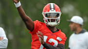 Cleveland Browns quarterback Shedeur Sanders (12) participates in position drills during an NFL practice at the Cleveland Browns training facility on Wednesday, May 28, 2025, in Berea, Ohio.