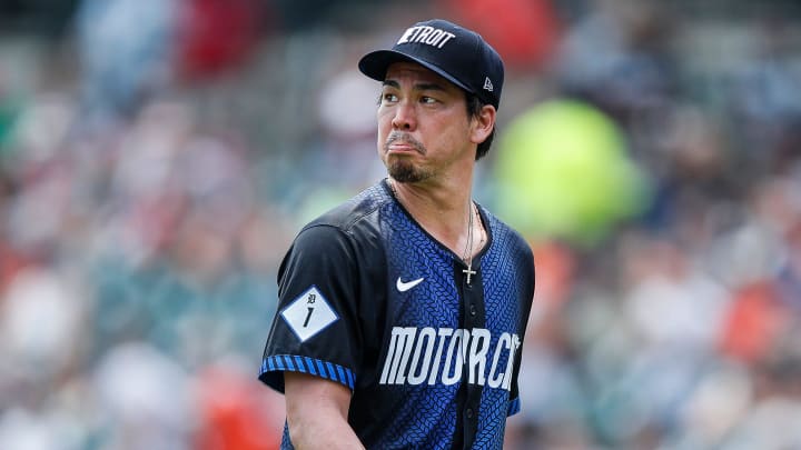 Detroit Tigers pitcher Kenta Maeda (18) walks off the field for pitching change during the fourth inning against Chicago White Sox at Comerica Park in Detroit on Saturday, June 22, 2024.