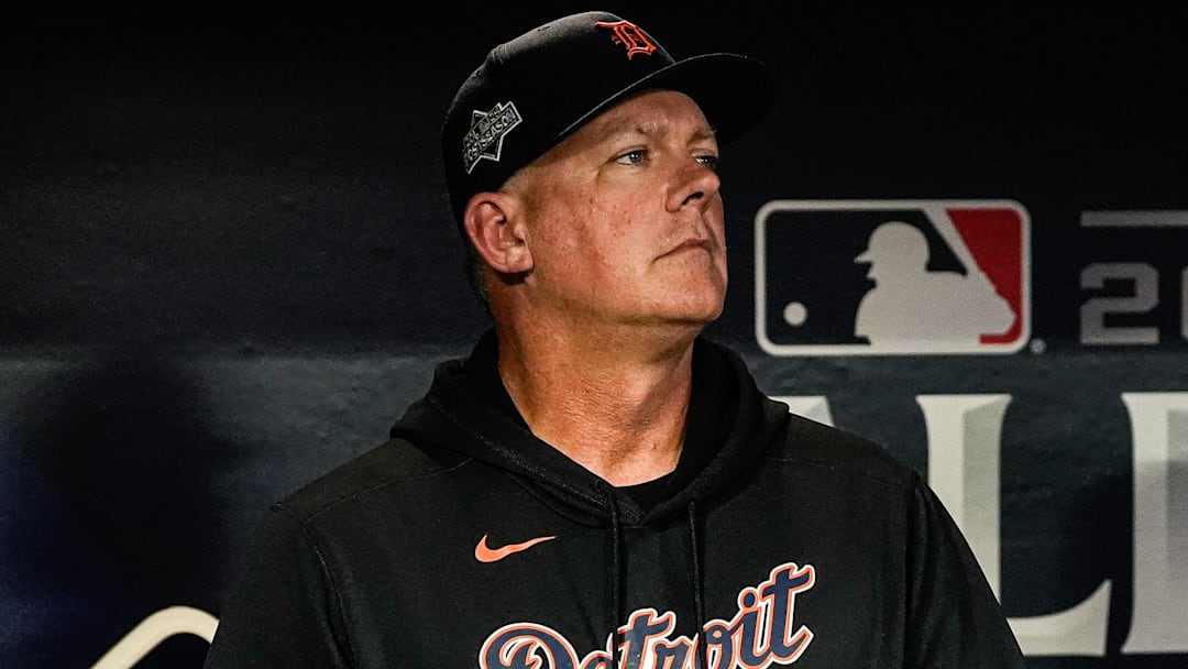 Detroit Tigers manager A.J. Hinch, left, and major league coach Gary Jones watch Seattle Mariners pregame ceremony from the dugout during ALDS Game 5 at T-Mobile Park in Seattle on Friday, Oct. 10, 2025. Detroit Tigers manager A.J. Hinch, left, and major league coach Gary Jones watch Seattle Mariners pregame ceremony from the dugout during ALDS Game 5 at T-Mobile Park in Seattle on Friday, Oct. 10, 2025.