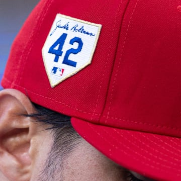 Apr 15, 2024; Philadelphia, Pennsylvania, USA; Philadelphia Phillies outfielder Nick Castellanos (8) wears a number 42 hat for Jackie Robinson day in a game against the Colorado Rockies at Citizens Bank Park. 