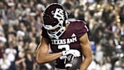 Nov 16, 2024; College Station, Texas, USA; Texas A&M Aggies wide receiver Noah Thomas (3) reacts after scoring a touchdown during the first quarter against the New Mexico State Aggies at Kyle Field. Mandatory Credit: Maria Lysaker-Imagn Images 