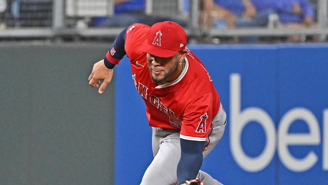 Sep 2, 2025; Kansas City, Missouri, USA;  Los Angeles Angels third baseman Yoan Moncada (5) fields the ball in the seventh inning against the Kansas City Royals at Kauffman Stadium. Mandatory Credit: Peter Aiken-Imagn Images