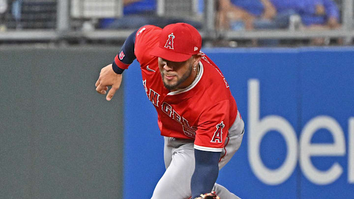 Sep 2, 2025; Kansas City, Missouri, USA;  Los Angeles Angels third baseman Yoan Moncada (5) fields the ball in the seventh inning against the Kansas City Royals at Kauffman Stadium. Mandatory Credit: Peter Aiken-Imagn Images