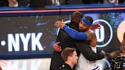 February 15, 2015; New York, NY, USA; Eastern Conference forward Carmelo Anthony of the New York Knicks (7) with Kevin Durant after the 2015 NBA All-Star Game at Madison Square Garden. Mandatory Credit: Brad Penner-Imagn Images