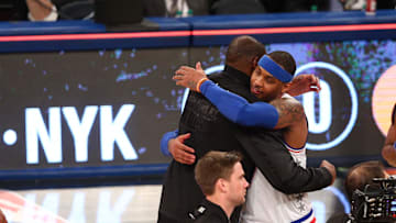 February 15, 2015; New York, NY, USA; Eastern Conference forward Carmelo Anthony of the New York Knicks (7) with Kevin Durant after the 2015 NBA All-Star Game at Madison Square Garden. Mandatory Credit: Brad Penner-Imagn Images