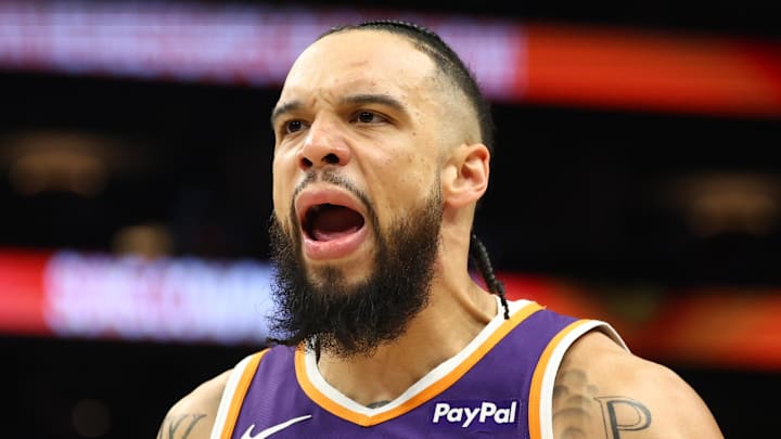 Jan 30, 2026; Phoenix, Arizona, USA; Phoenix Suns forward Dillon Brooks (3) against the Cleveland Cavaliers at Mortgage Matchup Center. Mandatory Credit: Mark J. Rebilas-Imagn Images