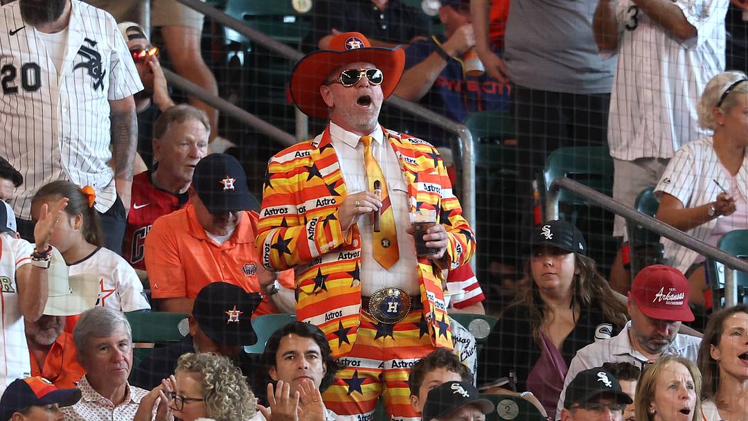 Sep 30, 2026; Houston, Texas, USA;  A Houston Astros fan cheers prior to game two of the Wildcard round between Chicago White Sox and Houston Astros in the 2026 MLB Playoffs at Daikin Park.  Mandatory Credit: Troy Taormina-Imagn Images