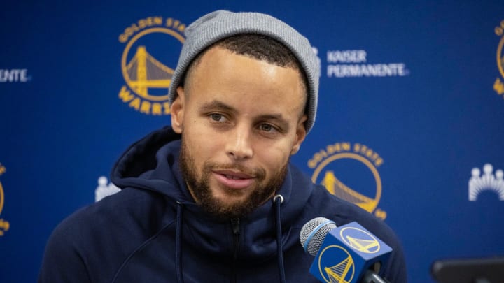 Dec 13, 2021; Indianapolis, Indiana, USA; Golden State Warriors guard Stephen Curry (30) talks to media after the game against the Indiana Pacers at Gainbridge Fieldhouse. Mandatory Credit: Trevor Ruszkowski-USA TODAY Sports