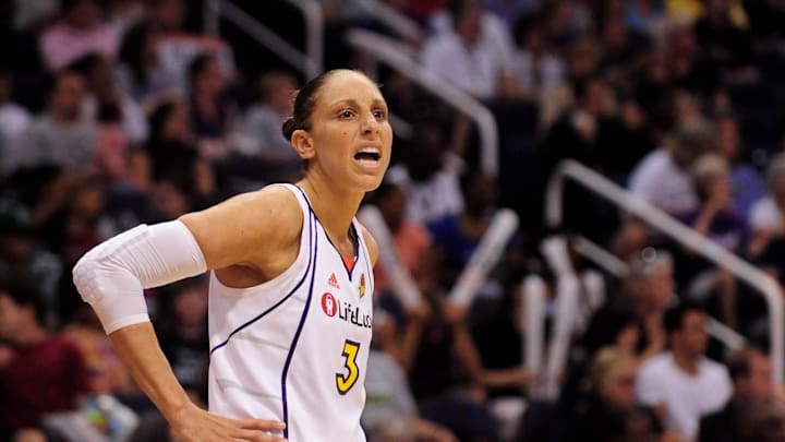 Sep 5, 2010; Phoenix, AZ, USA; Phoenix Mercury guard Diane Taurasi (3) reacts on the court against the Seattle Storm during the first half in game two of the Western Conference Finals in the 2010 WNBA Playoffs at US Airways Center.  The Storm defeated the Mercury 91-88.  Mandatory Credit: Jennifer Stewart-Imagn Images