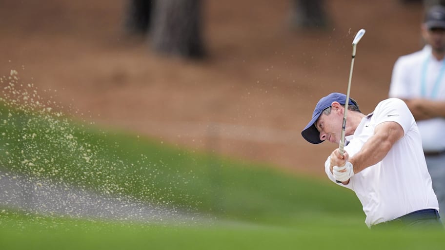 Can Rory McIlroy, hitting out of the bunker on the fifth hole during a practice round, follow up his breakthrough Masters win with a second major win of the year? | Jim Dedmon-Imagn Images