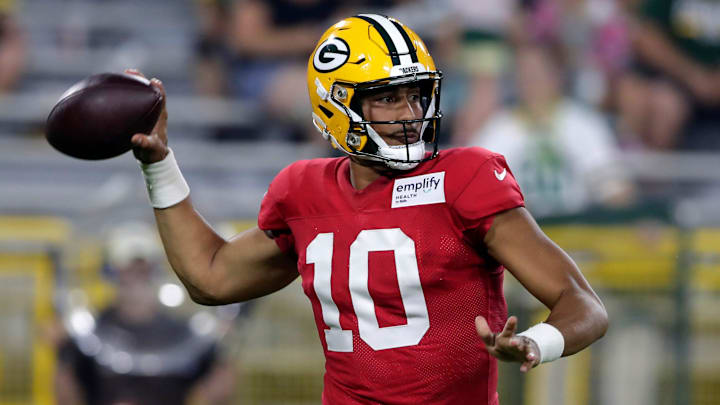 Green Bay Packers quarterback Jordan Love (10) passes the ball during Green Bay Packers Family Night on Aug. 2, 2025 at Lambeau Field in Green Bay, Wis.