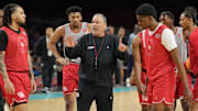 Houston coach Kelvin Sampson with several players during a practice prior to the 2025 Final Four on April 4, 2025.