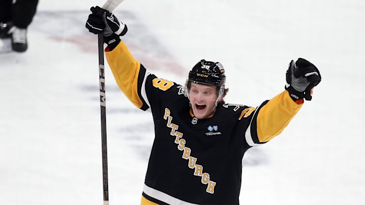 Dec 3, 2024; Pittsburgh, Pennsylvania, USA;  Pittsburgh Penguins defenseman Owen Pickering (38) reacts after scoring his first career NHL goal against the Florida Panthers during the first period at PPG Paints Arena. Mandatory Credit: Charles LeClaire-Imagn Images