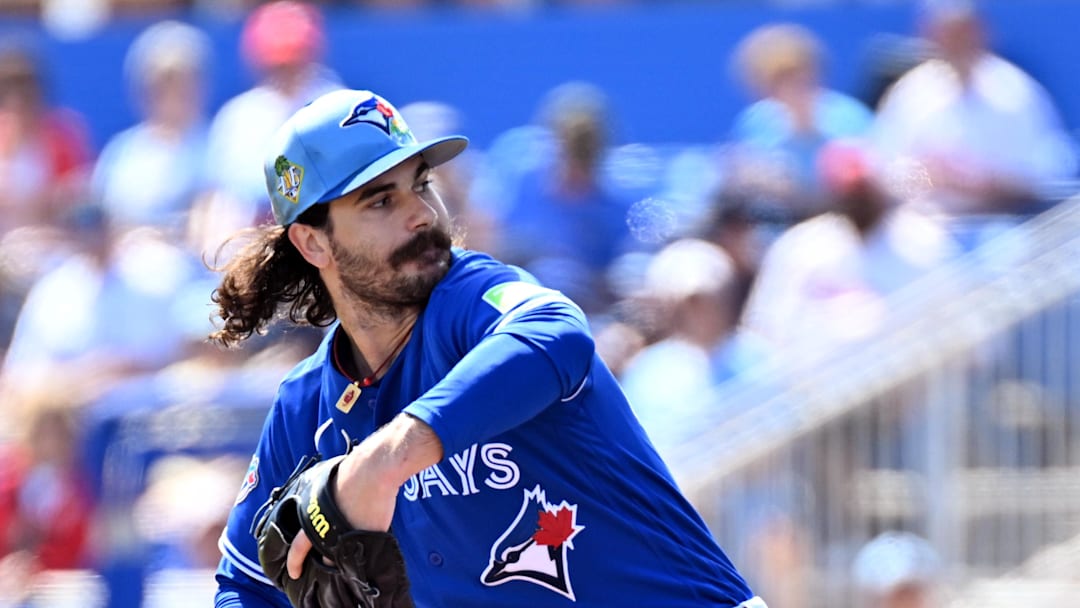 Feb 28, 2026; Dunedin, Florida, USA; Toronto Blue Jays starting  pitcher Dylan Cease (84) throws a pitch in the first inning against the Philadelphia Phillies during spring training at TD Ballpark. Mandatory Credit: Jonathan Dyer-Imagn Images