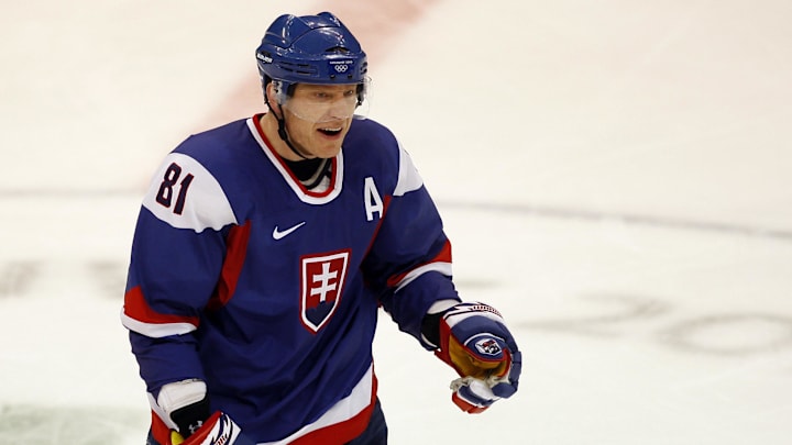 Feb 27, 2010; Vancouver, BC, CANADA; Slovakia forward Marian Hossa reacts after getting called for a tripping penalty in the third period of the mens bronze medal ice hockey game against Finland at Canada Hockey Place during the 2010 Vancouver Winter Olympics.  Finland won 5-3. Mandatory Credit: Jerry Lai-Imagn Images