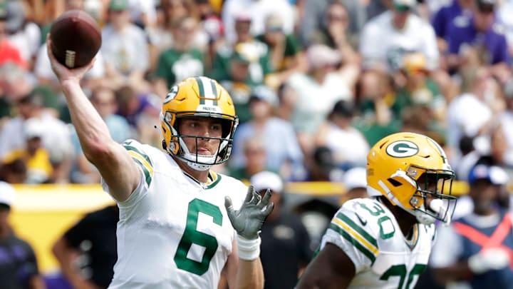 Green Bay Packers quarterback Sean Clifford (6) passes the ball during a preseason game against the Baltimore Ravens on Aug. 24.