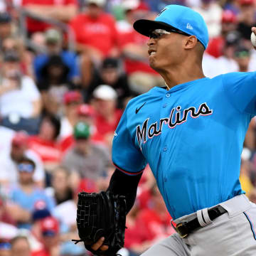 Mar 1, 2024; Clearwater, Florida, USA; Miami Marlins  pitcher Jesus Luzardo (44) throws a pitch in the first inning of the spring training game against the Philadelphia Phillies at BayCare Ballpark