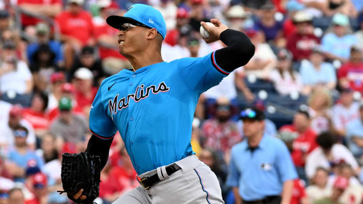 Mar 1, 2024; Clearwater, Florida, USA; Miami Marlins  pitcher Jesus Luzardo (44) throws a pitch in the first inning of the spring training game against the Philadelphia Phillies at BayCare Ballpark