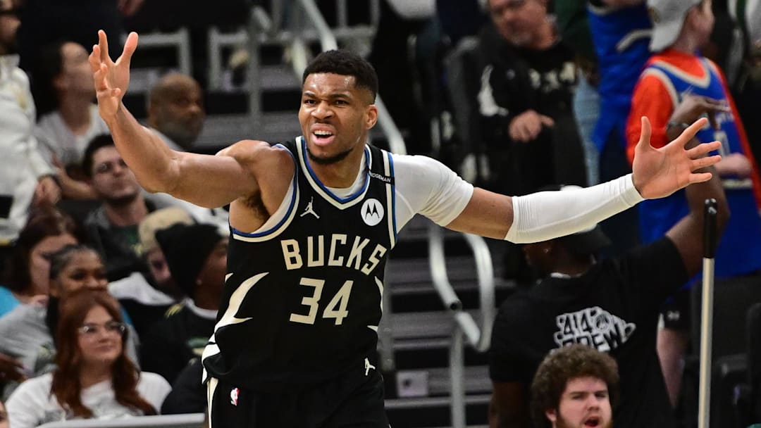Apr 10, 2025; Milwaukee, Wisconsin, USA; Milwaukee Bucks forward Giannis Antetokounmpo (34) reacts in the second quarter against the New Orleans Pelicans at Fiserv Forum. 