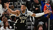 Apr 10, 2025; Milwaukee, Wisconsin, USA; Milwaukee Bucks forward Giannis Antetokounmpo (34) reacts in the second quarter against the New Orleans Pelicans at Fiserv Forum. Mandatory Credit: Benny Sieu-Imagn Images