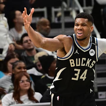 Apr 10, 2025; Milwaukee, Wisconsin, USA; Milwaukee Bucks forward Giannis Antetokounmpo (34) reacts in the second quarter against the New Orleans Pelicans at Fiserv Forum. Mandatory Credit: Benny Sieu-Imagn Images
