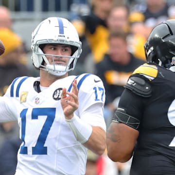 Nov 2, 2025; Pittsburgh, Pennsylvania, USA; Indianapolis Colts quarterback Daniel Jones (17) drops back to make a pass during the first half against the Pittsburgh Steelers at Acrisure Stadium. 