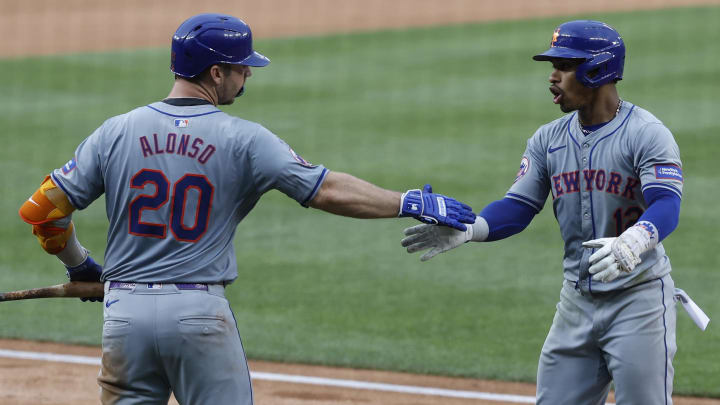 Jun 5, 2024; Washington, District of Columbia, USA; New York Mets shortstop Francisco Lindor (12) celebrates with Mets first baseman Pete Alonso (20) after hitting a home run against the Washington Nationals during the sixth inning at Nationals Park. Mandatory Credit: Geoff Burke-USA TODAY Sports